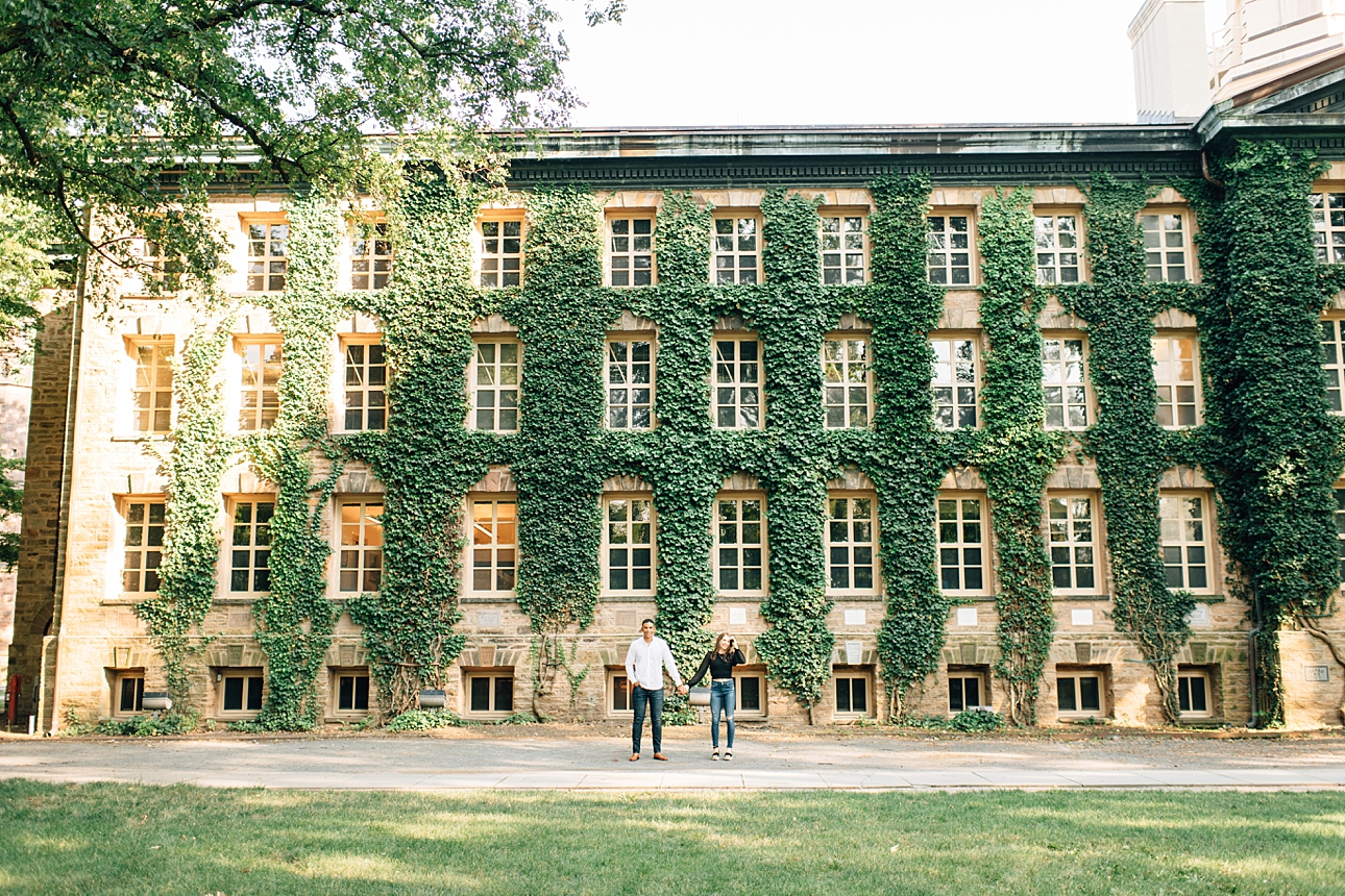 romantic Princeton NJ engagement session near ivy-covered buildings