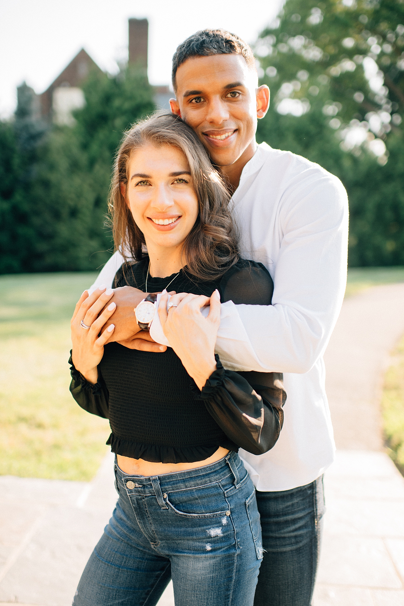 couple embracing during Princeton New Jersey engagement shoot